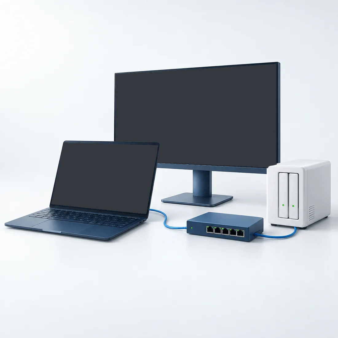 Ilustracija povezanog laptopa, monitora, mrežne opreme i uređaja za backup.